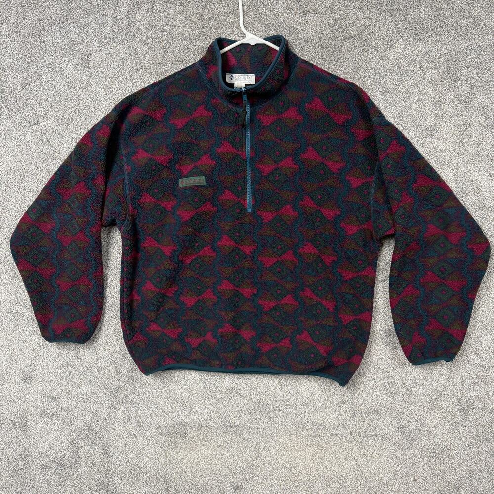 Vintage 90s Columbia Jacket Womens XL Pink Blue Fleece 1/4 Zip USA Geometric